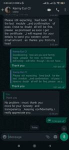 Verified WhatsApp testimonial from a postgraduate student for academic writing help