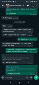 Verified WhatsApp message from a PhD scholar praising research and writing guidance