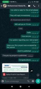 WhatsApp testimonial from an academic client confirming project approval and completion
