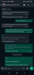 Real WhatsApp feedback from a research scholar confirming quality academic work