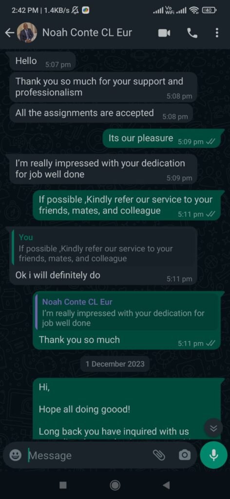 Real WhatsApp feedback from a research scholar confirming quality academic work