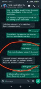 Real WhatsApp review from a PhD client appreciating professional dissertation writing support