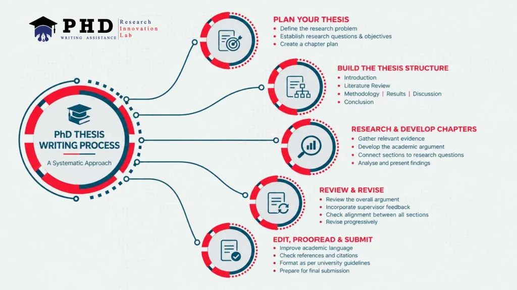 Infographic showing the PhD thesis writing process, including thesis planning, chapter structure, research methodology, revision, proofreading, and final submission.